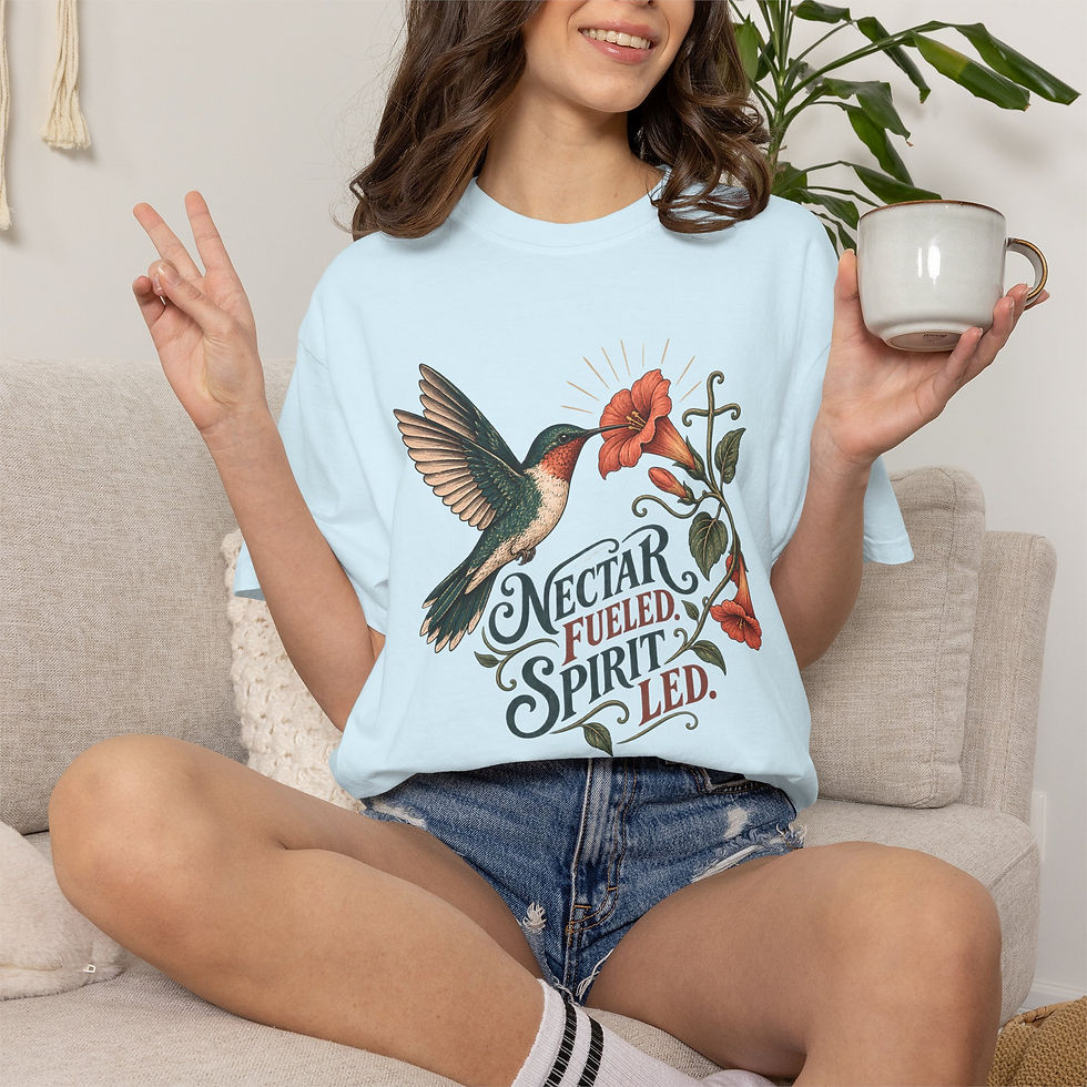 Thumbnail: Nectar Fueled Spirit Led Christian hummingbird shirt in Chambray - Comfort Colors 1717 tee
