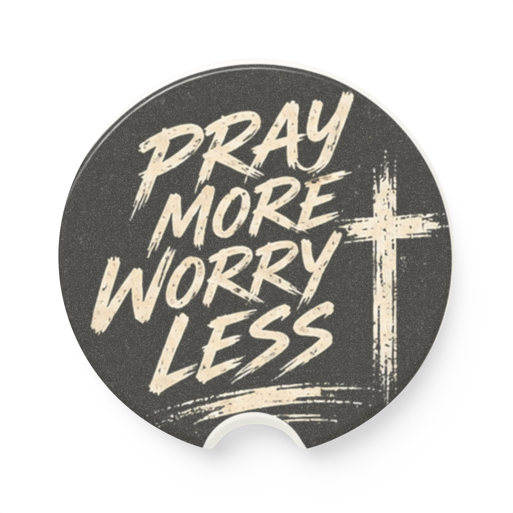 Pray More Worry Less Cross Christian car coaster - soapstone car cup holder coaster (view 1)