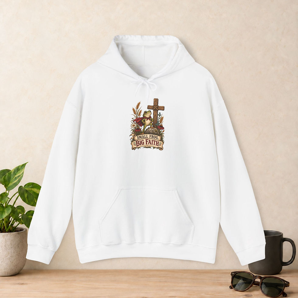 Small Frog Big Faith Christian frog hoodie in White - Gildan 18500 hoodie (view 1)