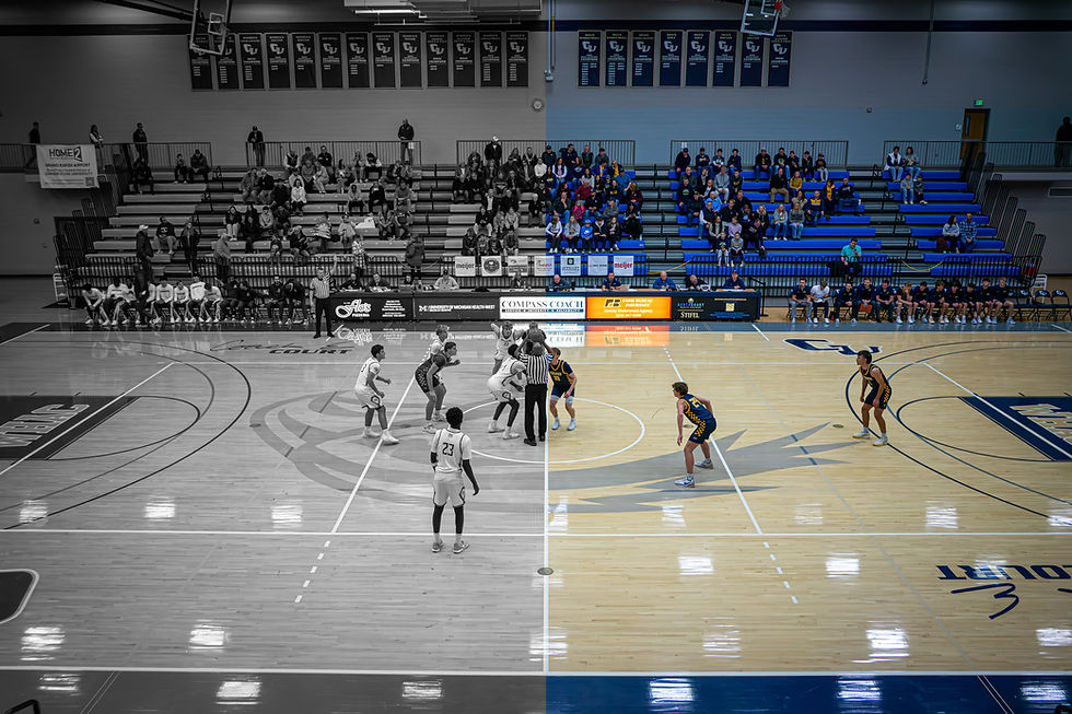 Overhead view of the Cornerstone University court as Grandville (left) and Pewamo-Westphalia (right) get set to play. Photo by Nathan Fears | Team TBM