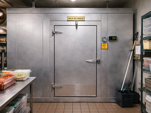 Walk-in cooler with the door closed in a commercial kitchen. Shelves with trays of food surround the area. A digital display shows 35°F.