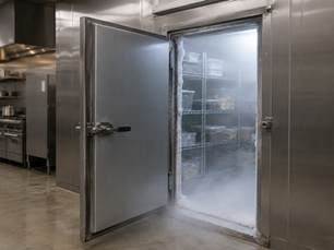 Commercial walk-in freezer with insulated door in a restaurant kitchen