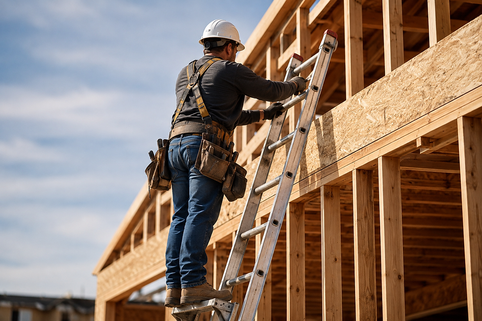 Construction worker in hard hat climbs an aluminum ladder on a wooden house frame under a blue sky.