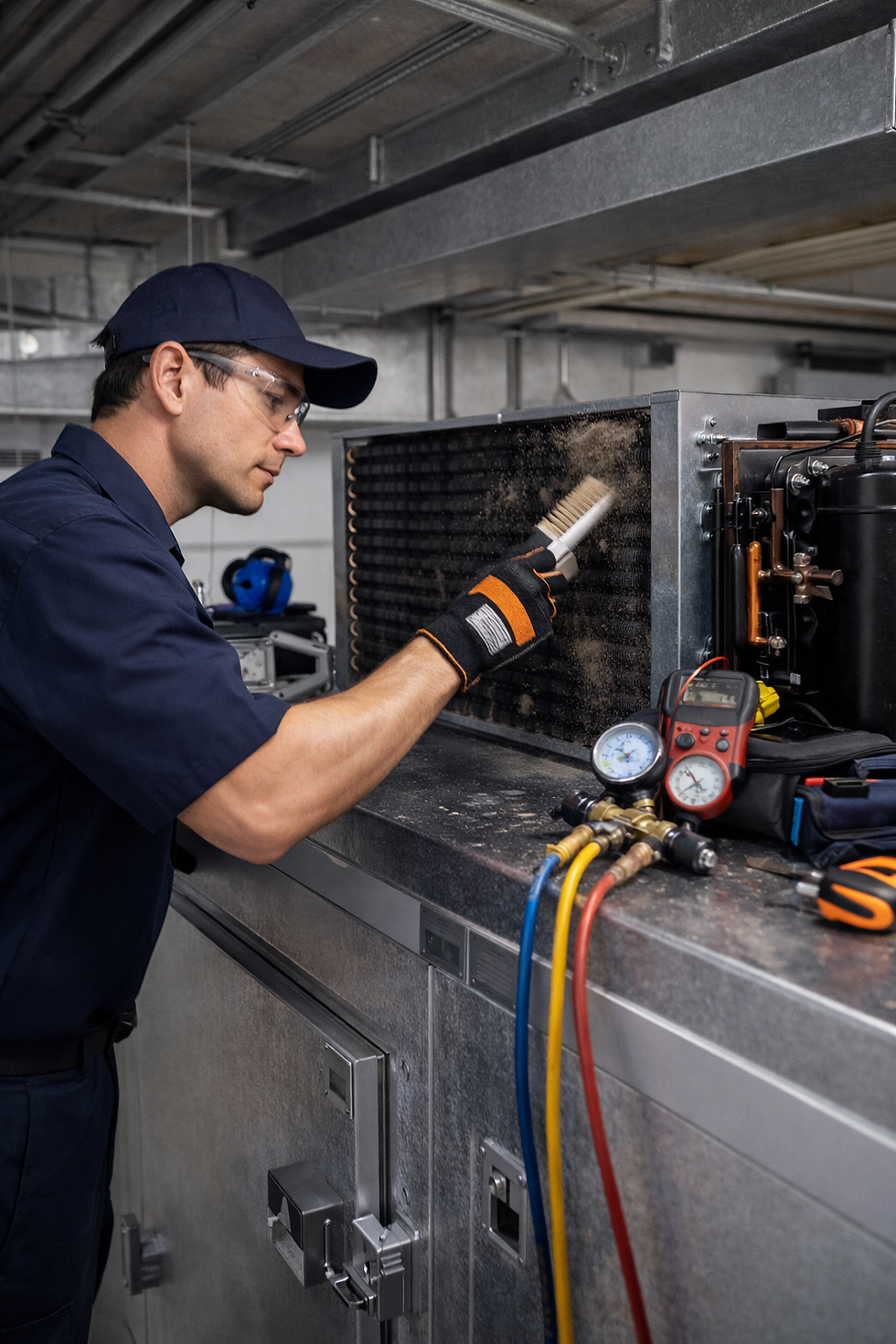 Refrigeration technician cleaning condenser coils on a commercial cooling unit using a brush and pressure gauges