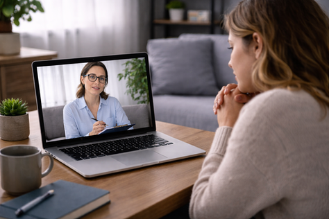 Woman attending online therapy that can prescribe medication through a video session with a licensed mental health provider on a laptop