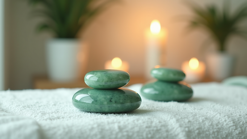 Close-up view of warm jade stones arranged on a massage table