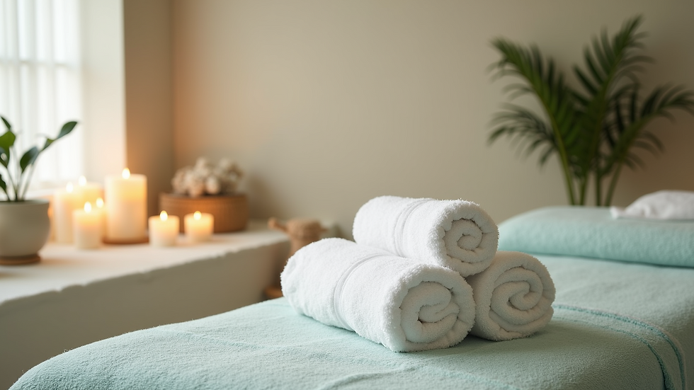 High angle view of a serene treatment room with candles and soft towels