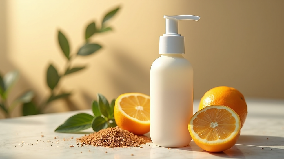 Close-up view of a skincare bottle with natural ingredients