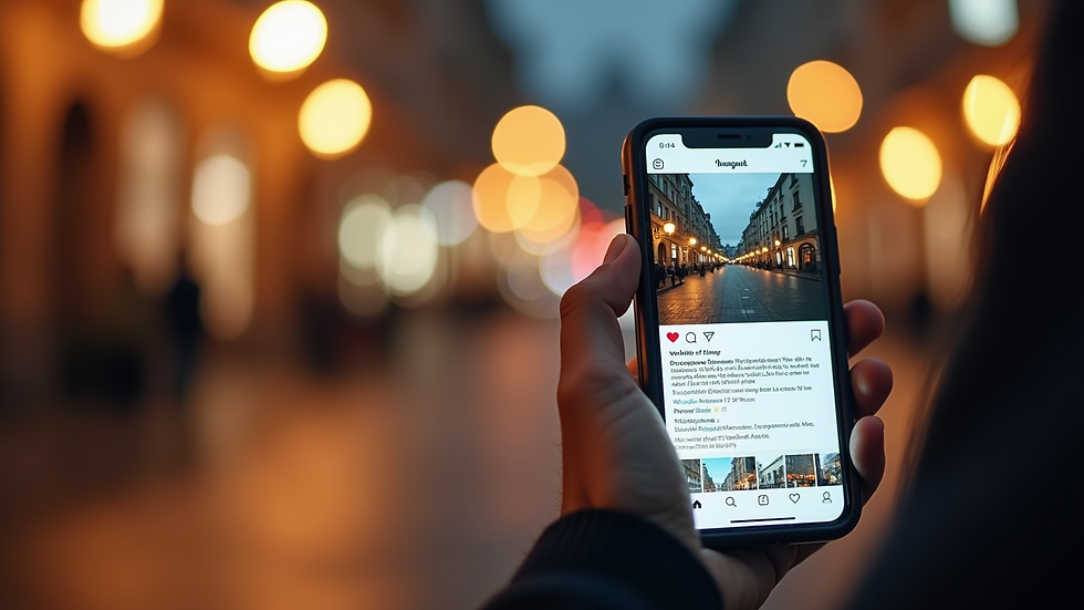 Close-up view of a smartphone showing a social media post with engaging visuals