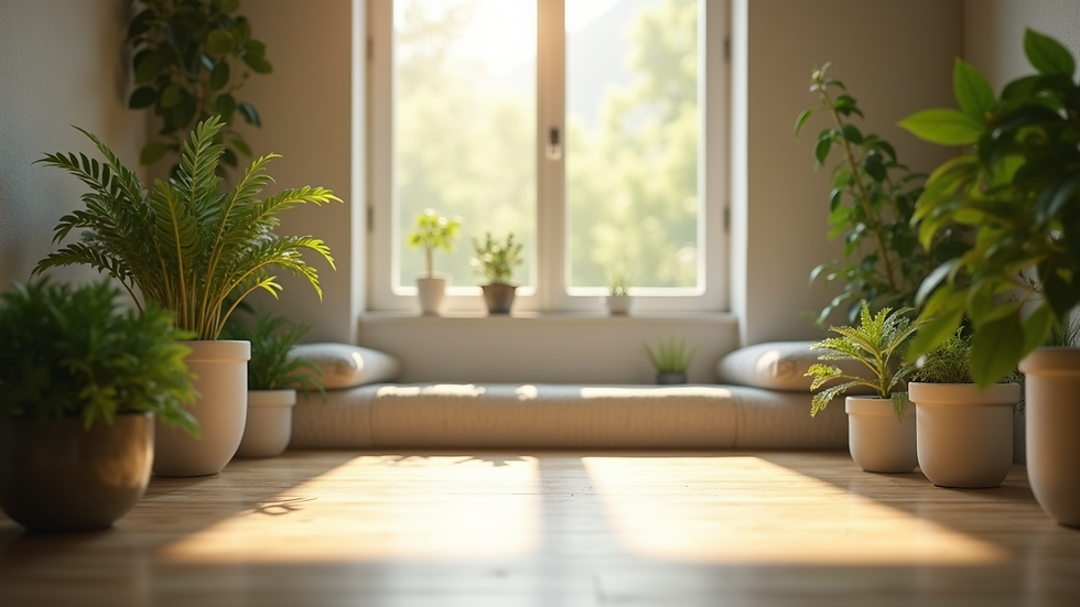 Vista a nivel de ojo de un espacio sereno con plantas y luz natural para meditación