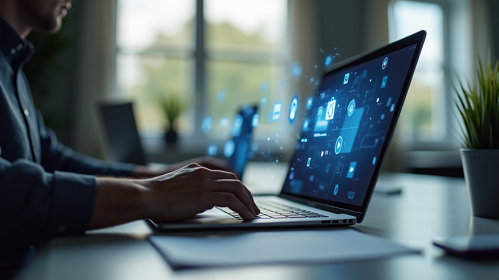 Eye-level view of a modern office desk with a laptop and social media icons