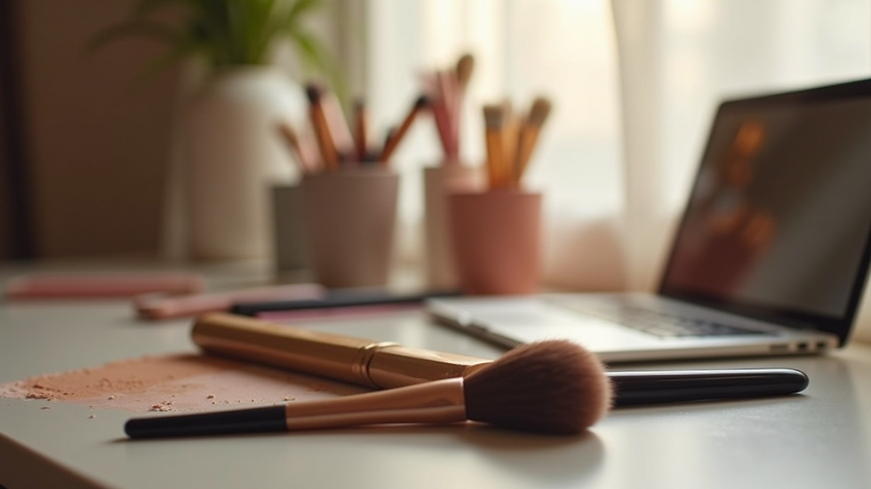 Eye-level view of a makeup brush set on a vanity table
