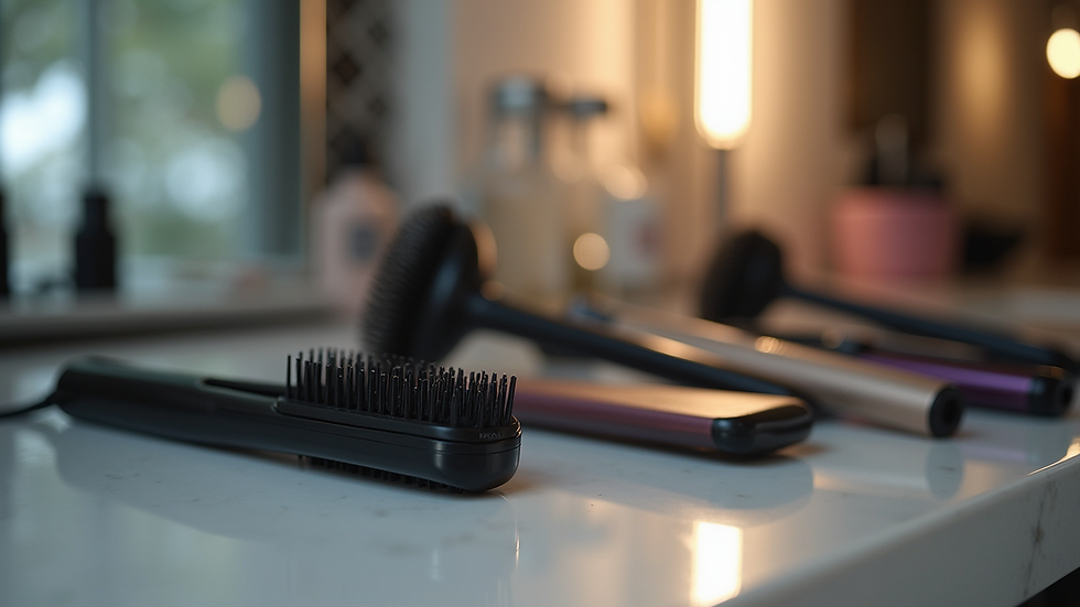 Close-up view of professional hair styling tools on a countertop