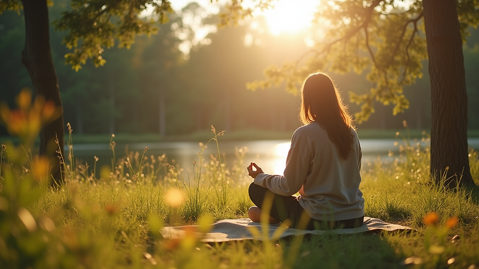 Vista a nivel de ojo de una persona meditando en un espacio natural tranquilo