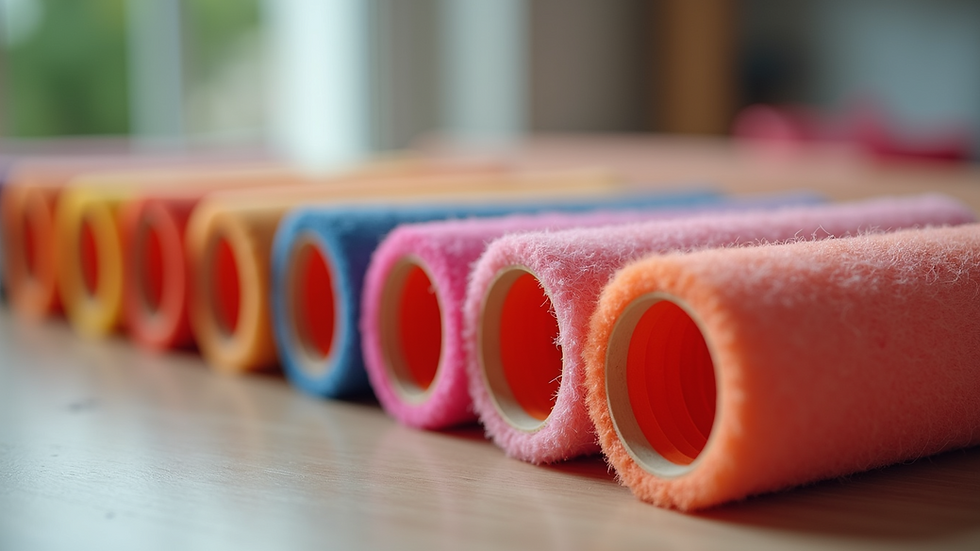 Close-up view of colorful hair rollers arranged neatly on a table