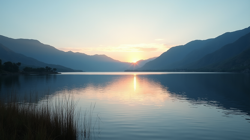 Vista panorámica de un lago tranquilo al amanecer con montañas al fondo