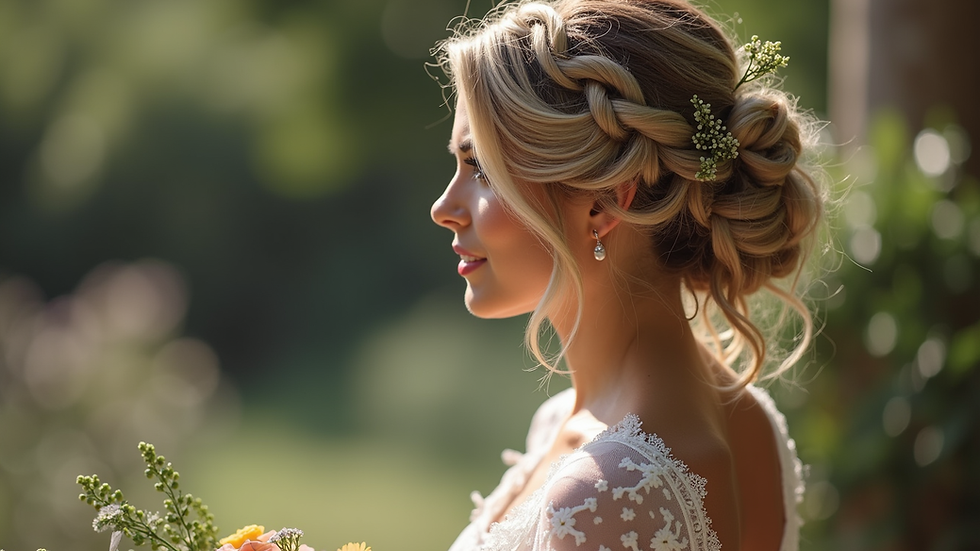 Close-up view of elegant braided updo with floral accents