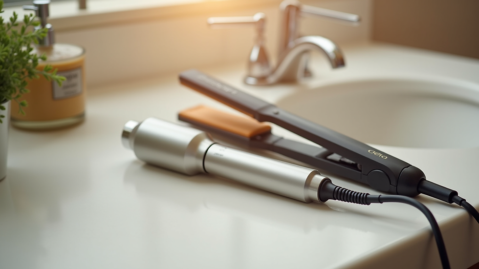 Eye-level view of hair straightener and keratin treatment kit on a bathroom counter