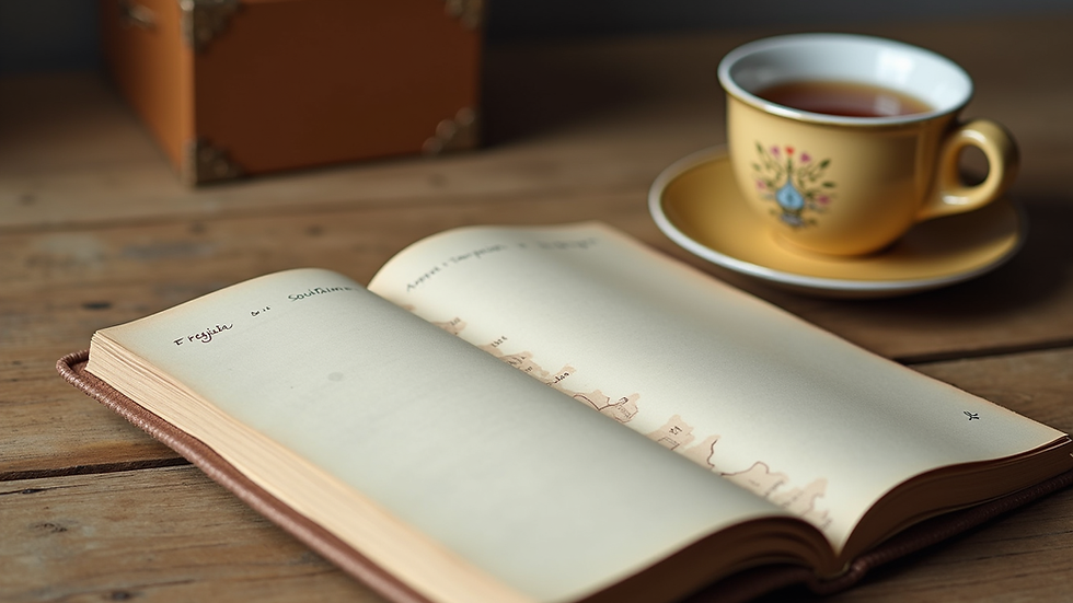 Plano cercano de un cuaderno abierto con anotaciones y una taza de té al lado