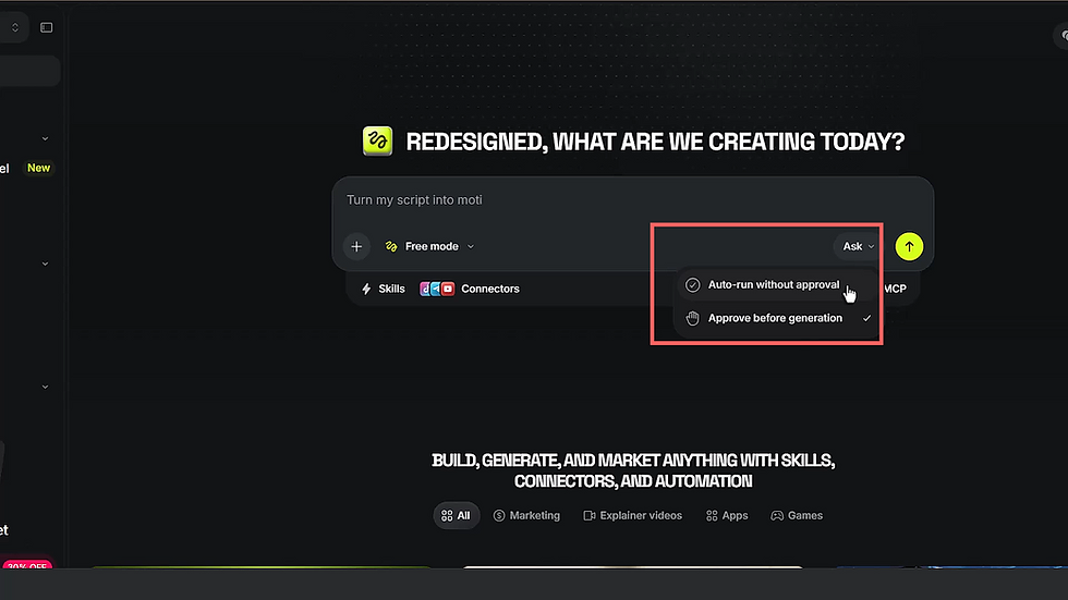 Higgsfield Supercomputer Ask menu with Approve before generation selected.