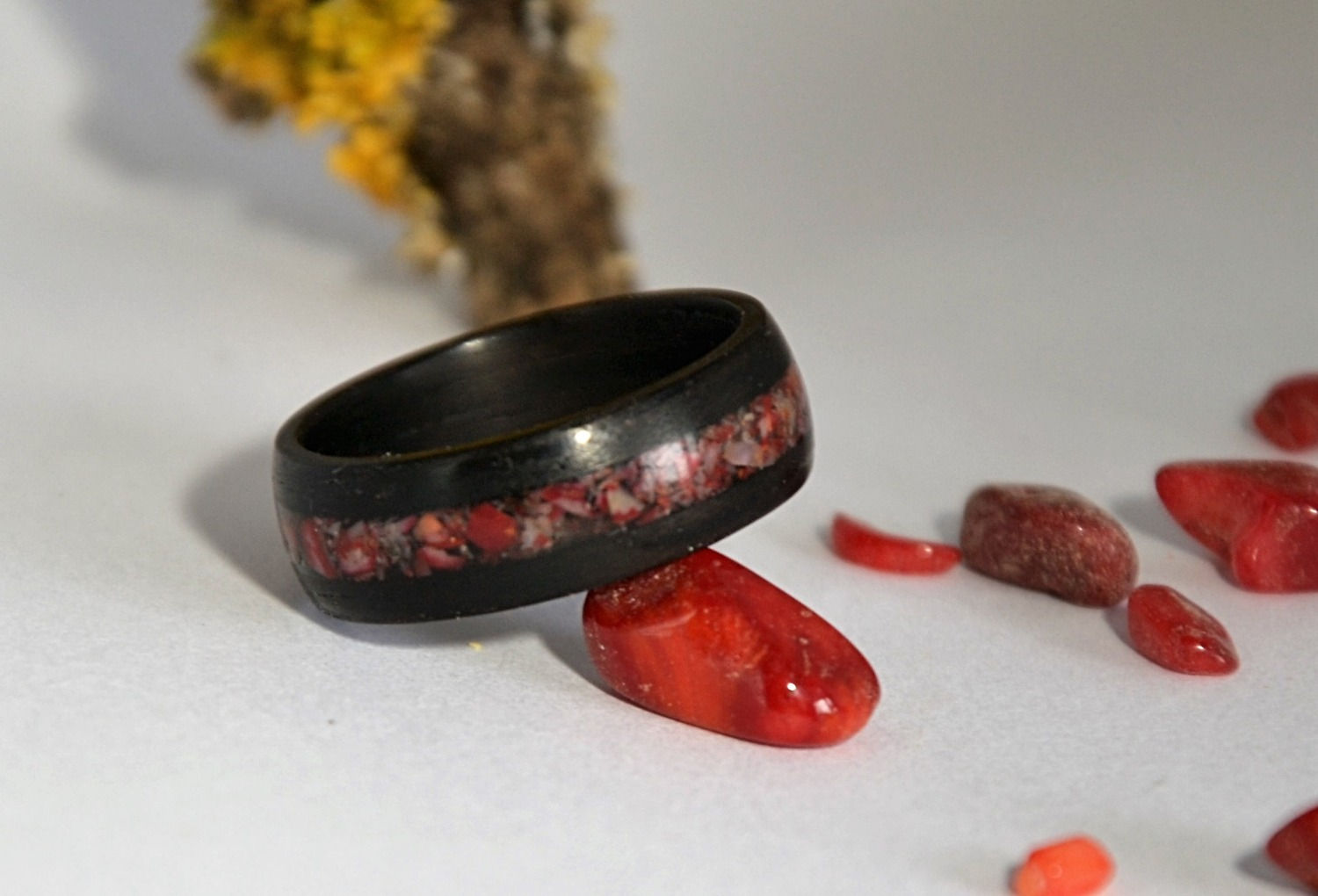Wood and stone ring, wedding ring, ebony curved wood ring with Coral