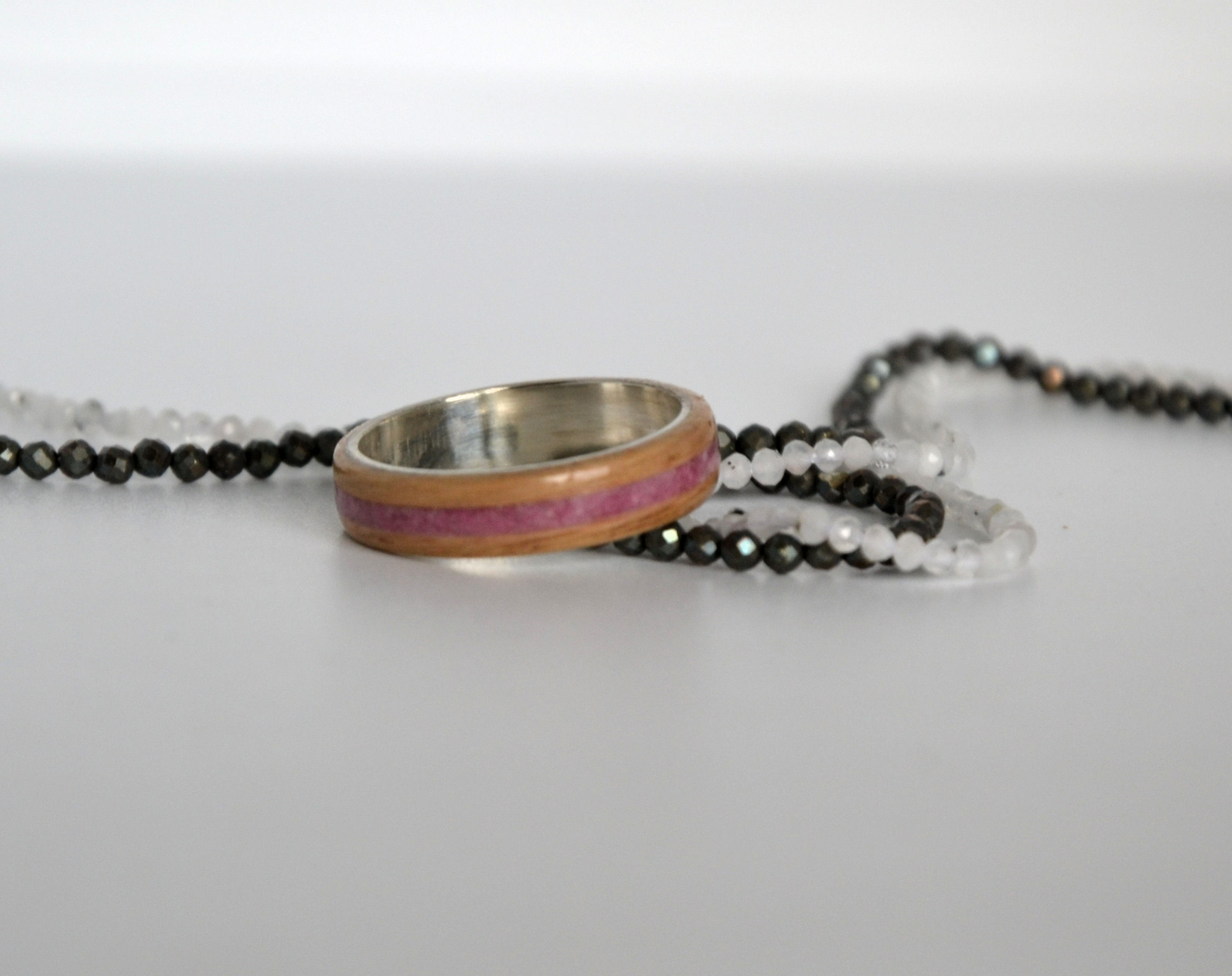 Bague en argent bois Chêne et Agate rose