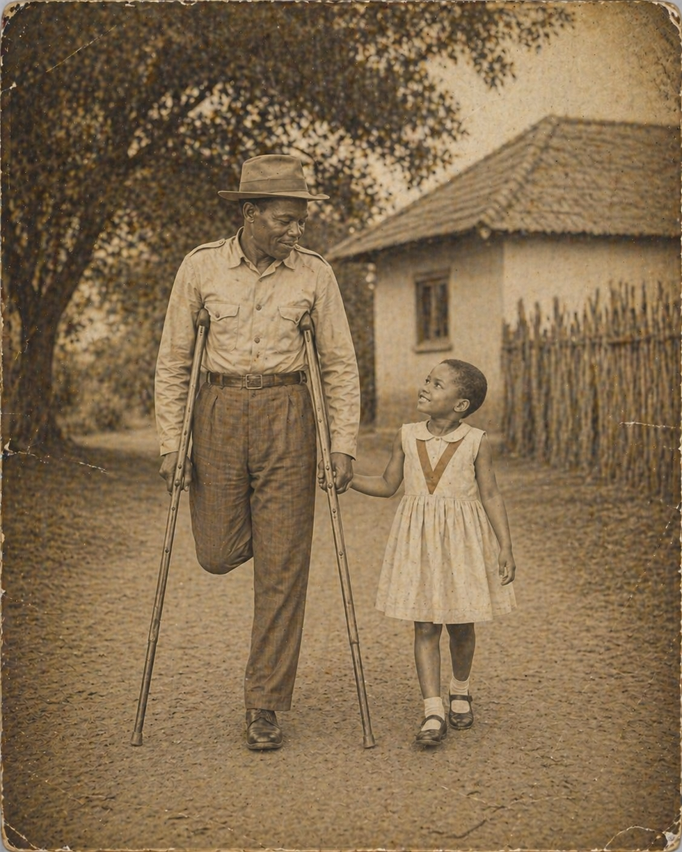 A vintage-style sepia photograph of a Black grandfather with a gentle expression walking on crutches beside a young girl with short natural hair.
They hold hands on a dirt path near a well-kept rural home and a large tree, sharing a quiet, caring moment.