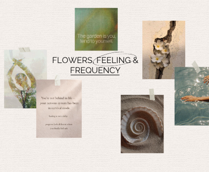 Header image with the title Flowers, Feeling and Frequency with a collage of wellness images.