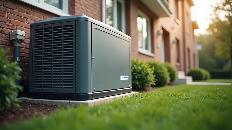 Eye-level view of a standby generator installed outside a suburban home