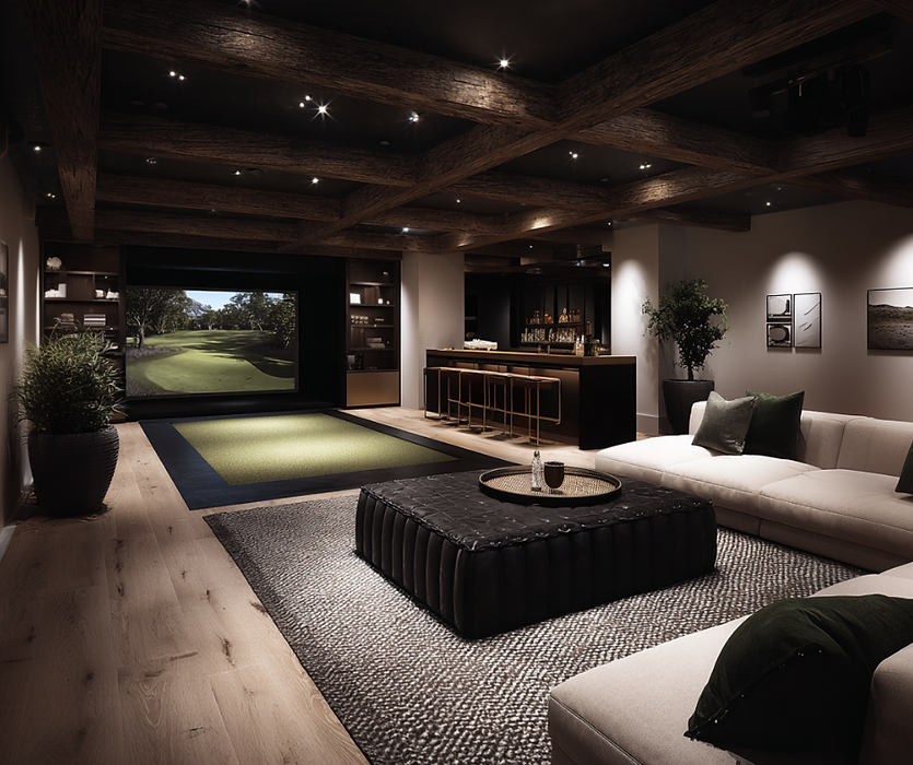 A room showing a golf simulator screen at the rear with a green mat infront. A bar to the rear right. A cream sofa and large dark coffee table feature in the foreground.