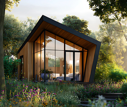 Spring garden surrounds a wood and glass garden room
