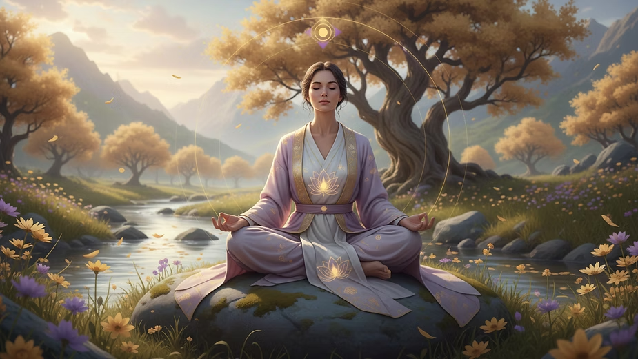 Femeie meditând în natură.
