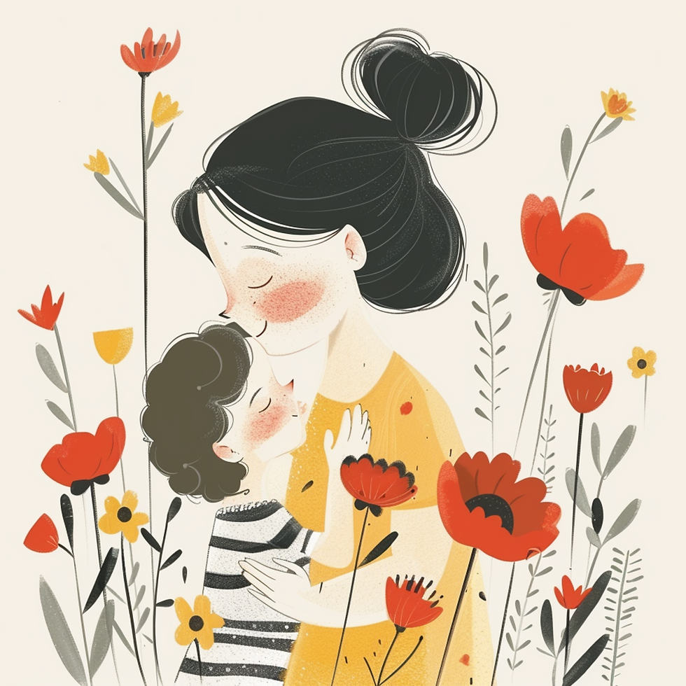 Mommyland – grup de suport pentru mame - Illustration of a woman and child embracing, surrounded by red and yellow flowers. The mood is tender and loving.