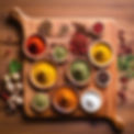 different colored spices on a wooden cutting board that has the words NAPA VALLEY.jpg