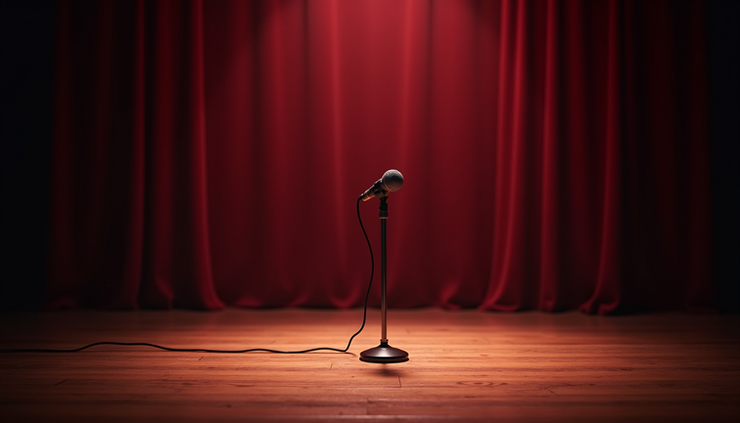 Eye-level view of a small stage with a single microphone and a spotlight shining on it