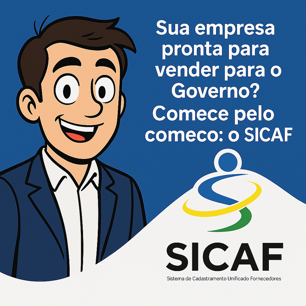 Empresário brasileiro em estilo de quadrinhos, vestindo blazer azul, ao lado do logotipo do SICAF (Sistema de Cadastramento Unificado de Fornecedores), com texto em destaque: “Sua empresa pronta para vender para o Governo? Comece pelo começo: o SICAF”. Imagem promocional sobre como vender para o governo com foco no cadastro no SICAF e licitações públicas.