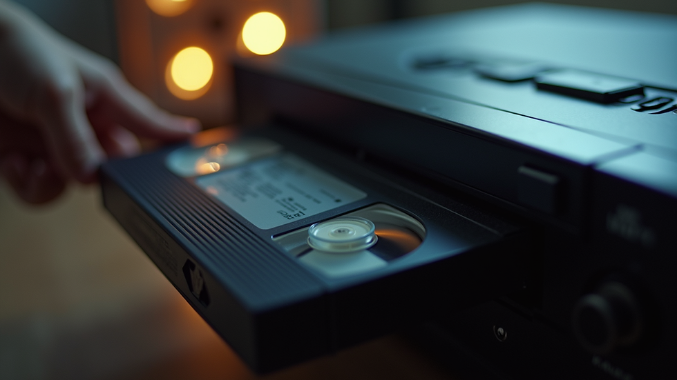 Close-up view of a VHS tape being inserted into a player