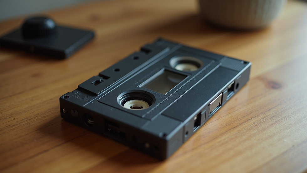 Close-up view of an 8mm cassette tape on a wooden table