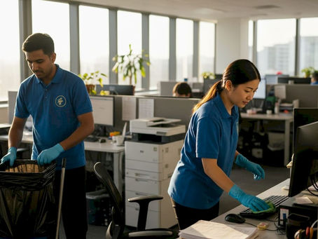 Office cleaning team working in bright corner office