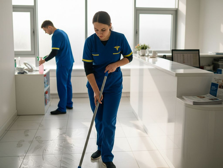 Cleaning staff working in dental waiting area