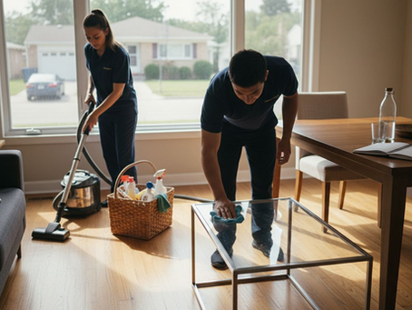 Cleaners working in bright home interior