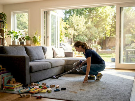 Woman deep cleaning modern living room