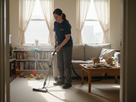 Cleaner deep vacuuming cluttered apartment living room