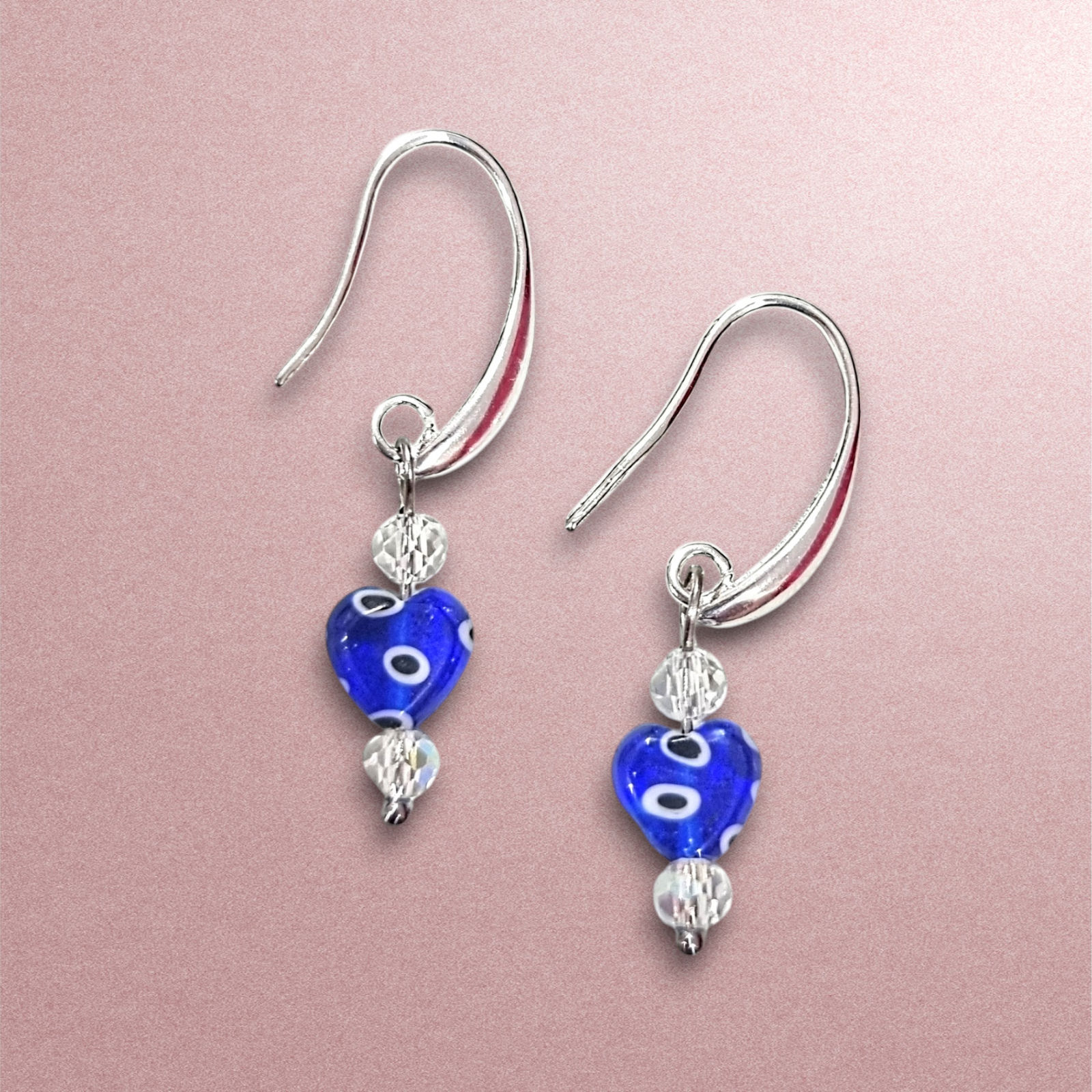 Blue lampwork glass evil eye heart drop earrings on silver hooks