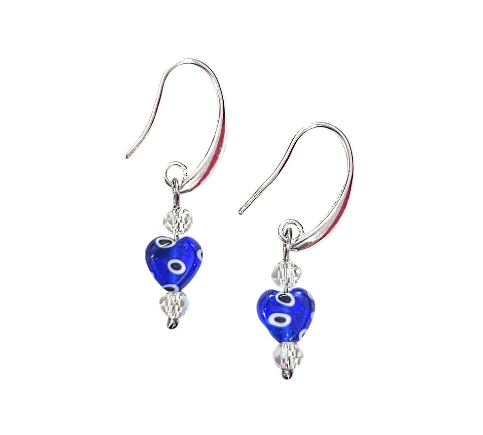 Thumbnail: Blue lampwork glass evil eye heart drop earrings on silver hooks