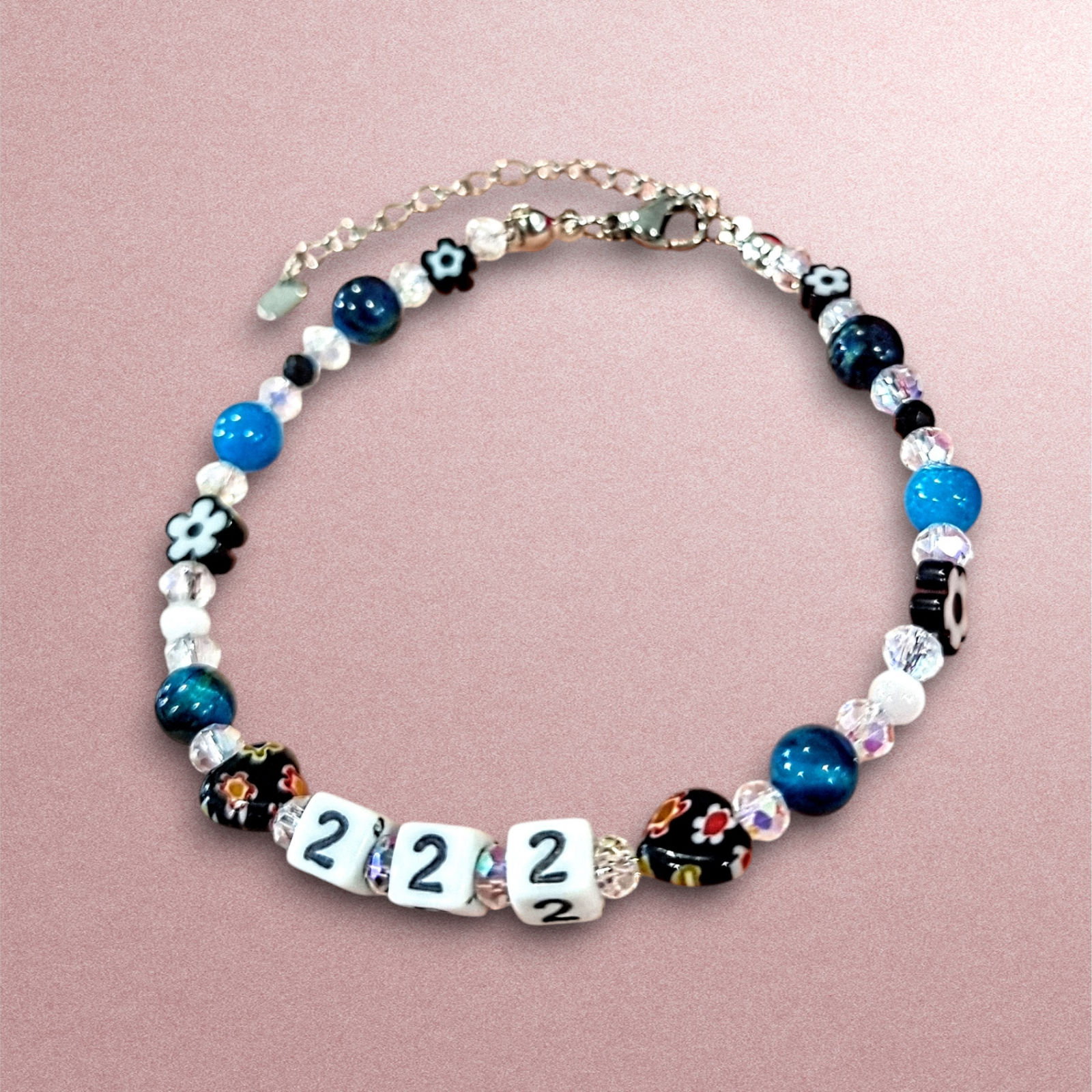 222 angel number manifestation beaded bracelet with blue and black floral glass beads