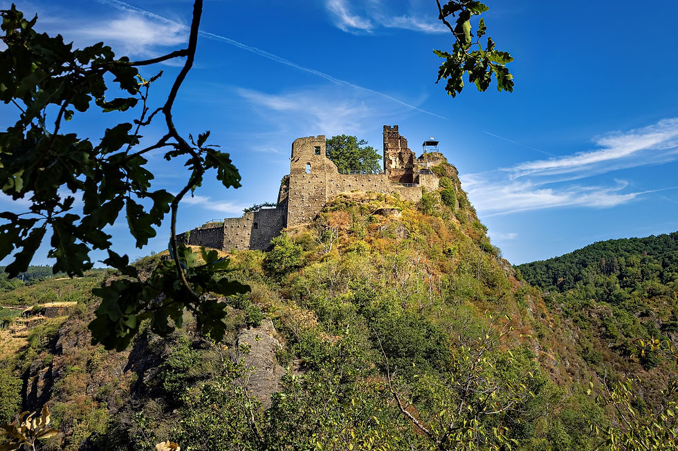Ruine der Burg Are auf einem felsigen Bergrücken über dem Ahrtal, eingerahmt von Ästen und sommerlichem Grün.