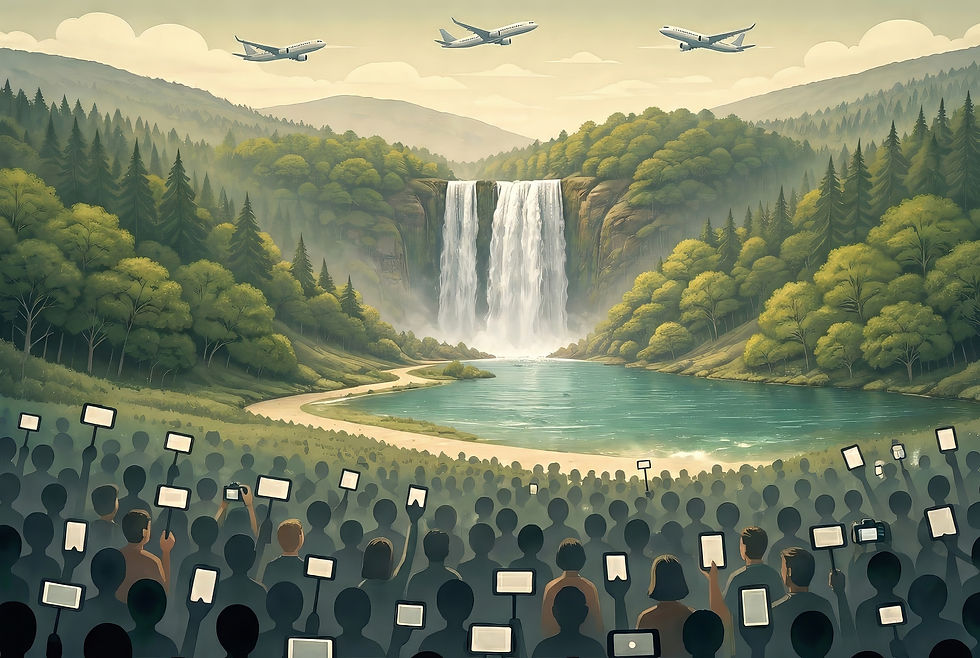 Grafik, die Menschenmenge mit erhobenen Smartphones vor idyllischer Naturkulisse eines Wasserfalles zeigt. Am Himmel kreuzen Passagierflugzeuge.