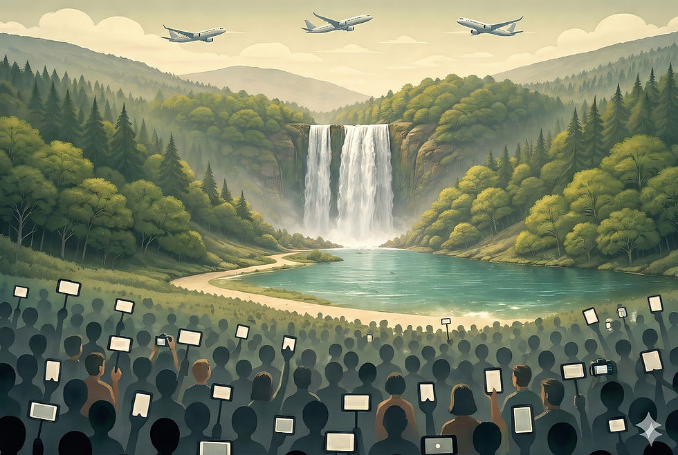 Illustration zum Thema Overtourism und Ikonenjagd: Eine dichte Menschenmenge fotografiert mit Smartphones und Stativen einen malerischen Wasserfall in der Natur. Am Himmel kreuzen Flugzeuge