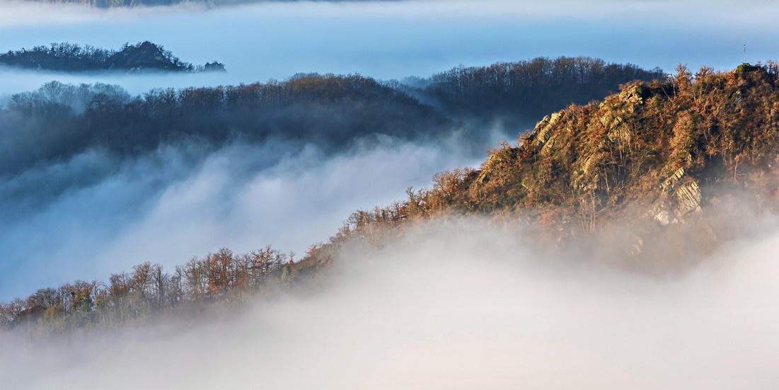Nebel fließt über die herbstlichen Hügel und legt sich wie ein weißes Meer ins Tal.